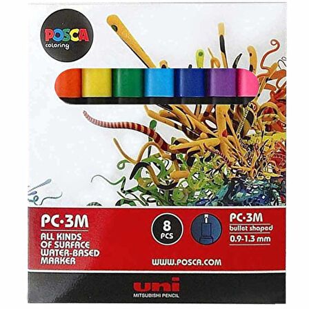 Uni Posca Marker PC-3M (0.9-1.3mm) Ana Renkler Set (7+1)