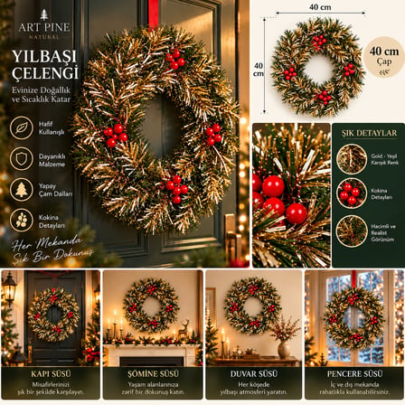 40 cm Gold Yeşil Kokinalı Yapay Çam Yılbaşı Çelengi Kapı Duvar Süsü Yılbaşı Noel