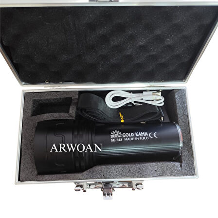 ARWOAN GK-312 Şarjlı LED El Feneri Metal Taşıma Çantalı, Güçlü, Uzun Menzilli, USB Şarjlı