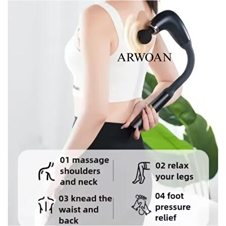 ARWOAN Masaj Tabancası Derin Doku Kas Gevşetici, Sessiz Motor, 4 Başlık Aparatı ile Profesyonel Masaj Cihazı