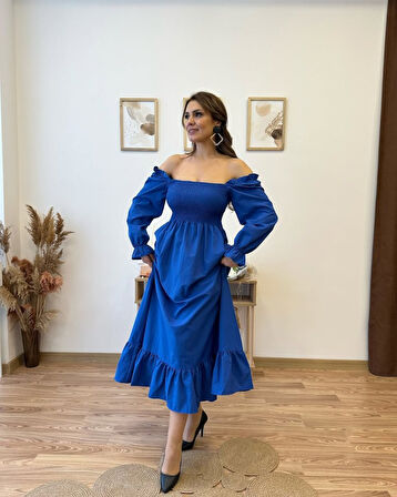 Kadın Uzun Kollu Kare Yakalı Gipeli Uzun Trikoton Elbise