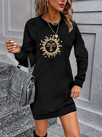 Kadın Uzun Kollu Bisiklet Yaka Güneş Desenli Viskon Iki Iplik Elbise