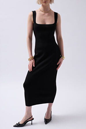 Kalın Askılı Midi Elbise