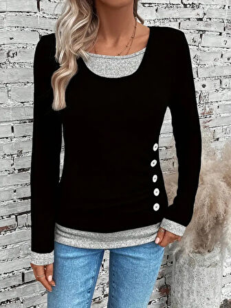 Kadın Uzun Kollu Yuvarlak Yaka Blok Renkli Yandan Düğmeli Viskon Bluz