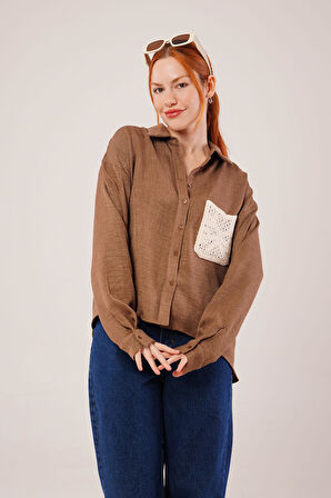Etnik Cep Detaylı Kahverengi Gömlek