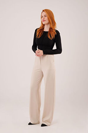 Yüksek Bel Bol Paça Krep Krem Pantolon