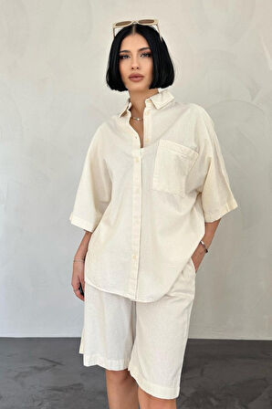 Yağ Yeşili Kısa Kollu Keten Gömlek Ve Şort Takım