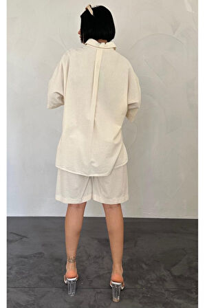 Yağ Yeşili Kısa Kollu Keten Gömlek Ve Şort Takım