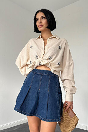 Krem Taş İşlemeli Gömlek