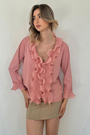 Beyaz Yakası Volanlı Gömlek