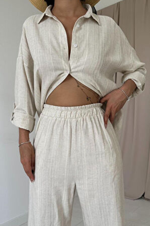 Bej Jakar Petek Gömlek Ve Pantolon Takım