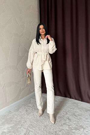 Bej Petek Jakar Kumaşlı Gömlek