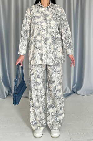 Mavi Leopar Desenli Ceket Ve Pantolon Keten Takım