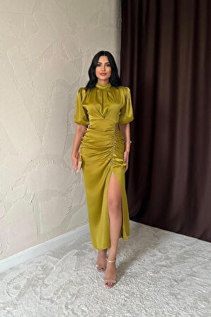 Sarı Büzgülü Saten Elbise