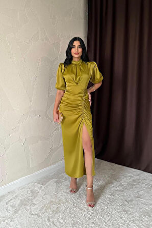 Sarı Büzgülü Saten Elbise