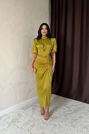 Sarı Büzgülü Saten Elbise