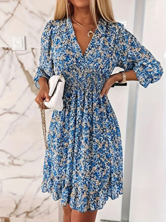 Kadın Truvakar  Kol Kruvaze Yakalı Beli Lastikli çiçek Desenli Süprem Elbise