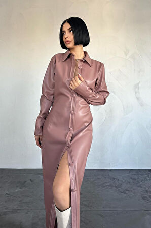 Oranj Boydan Düğmeli Deri Elbise