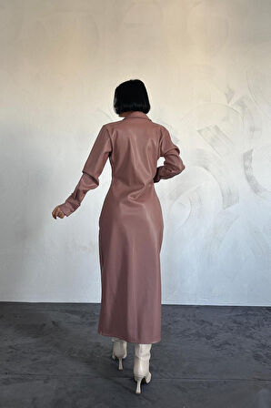 Oranj Boydan Düğmeli Deri Elbise