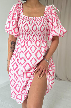 Oranj Kare Desenli Yazlık Elbise