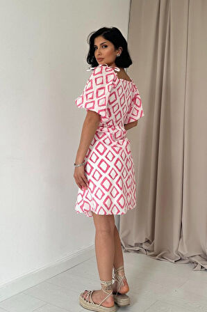 Oranj Kare Desenli Yazlık Elbise