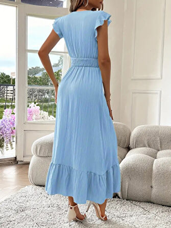 Kadın Kısa Kollu Kruvaze Yakalı Beli Lastikli Müslim Elbise