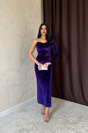 Saks Tek Omuzlu Taş Askılı Elbise