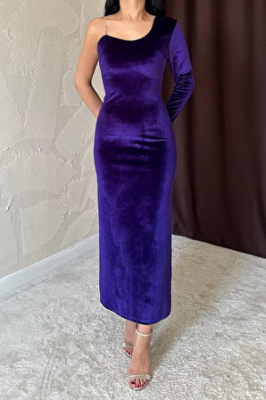 Saks Tek Omuzlu Taş Askılı Elbise