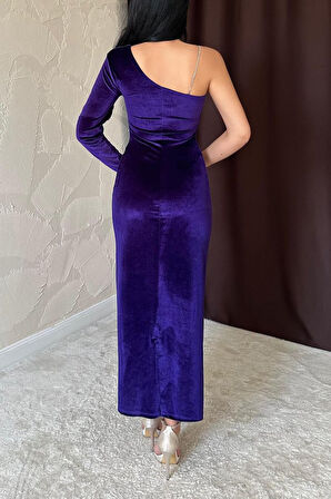 Saks Tek Omuzlu Taş Askılı Elbise