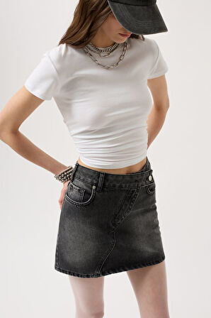 Asimetrik Kemer Denim Mini Etek