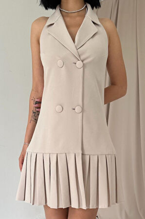 Siyah Sırtı Açık Ceket Yakalı Elbise