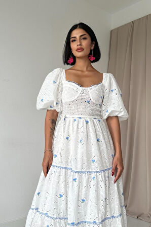 Nar Çiçeği Dantel Detaylı Brode Elbise