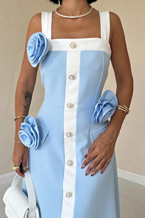 Siyah Güllü Askılı Elbise