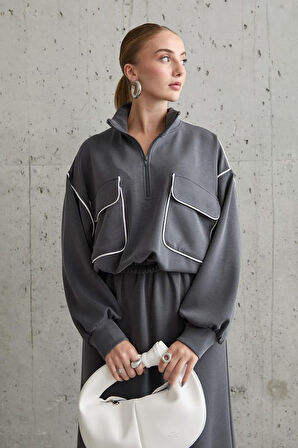 Haki Biyeli Sweatshirt Ve Etek Takım