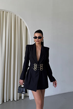 TEK DÜĞME CEKET 3 TOKALI KEMER SÜSLÜ - Siyah