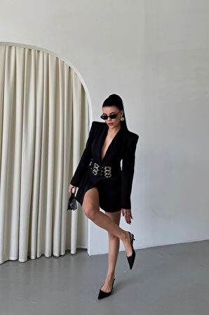 TEK DÜĞME CEKET 3 TOKALI KEMER SÜSLÜ - Siyah