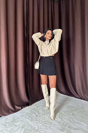 Füme Düğme Detaylı Pileli Etek