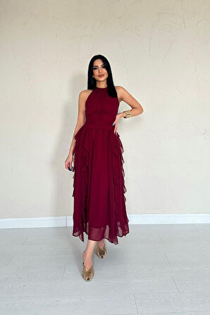 Beyaz Önü Büzgülü Fırfırlı Elbise