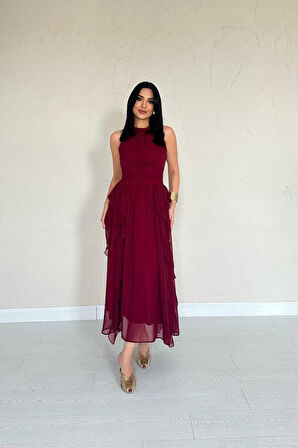 Beyaz Önü Büzgülü Fırfırlı Elbise