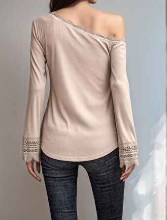 Kadın Uzun Kollu Tek Omuzu Açık Dantelli Burgu Bluz