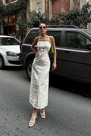 Trisha Sırt Dekolteli Keten Elbise 2496-20 ELBİSE