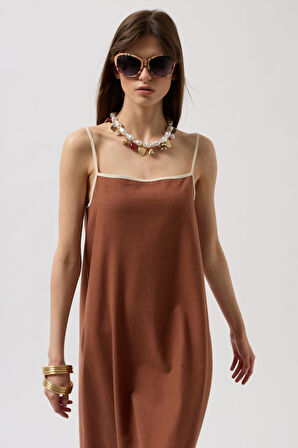 Şerit Detay Keten Maxi Elbise