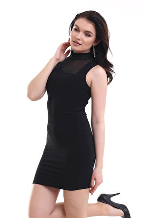 Kadın Yarım Balıkçı Yaka Tül Detaylı Sandy Kumaş Fırsat Ürün Diz Üstü Elbise