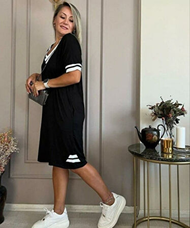 Kadın Kısa Kollu V Yaka Ribana Detaylı Cepli Dizüstü Viskon Elbise