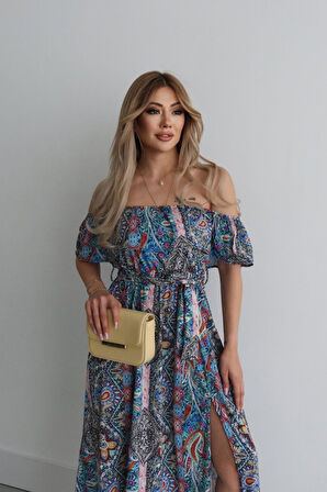 Kadın Kısa Kollu Madonna Yaka Fırfırlı Belden Yırtmaçlı Maksi Süprem Elbise