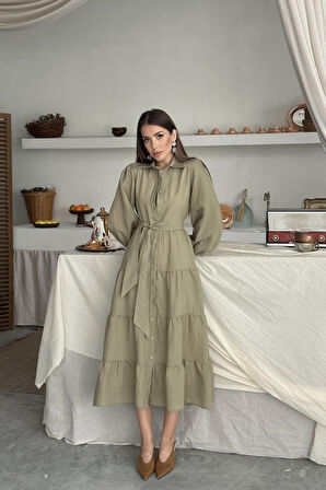 Çağla Çizgi Desenli Uzun Elbise