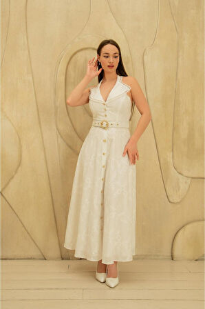 Beyaz İnci Kemer Detaylı Dantelli Elbise