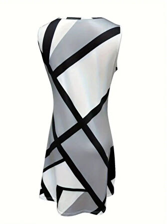 Kadın Askılı Yuvarlak Yaka Geometrik Desenli Kısa Süprem Elbise