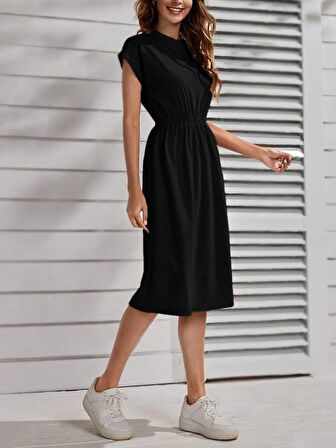 Kadın Kısa Kollu Bisiklet Yaka Belden Lastikli Midi Viskon Elbise