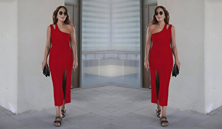 Kadın Kolsuz Tek Omuz Damla Detay JanJan Krep Elbise